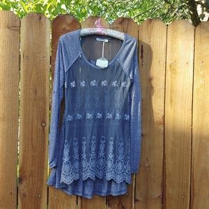 Y2K Embroidered Sheer Mesh Tunic w/ Roll-Tab Sleeves